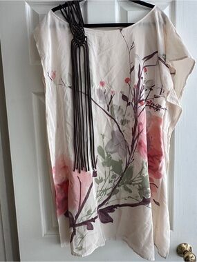 Beige Silk Off-shoulder Floral Oriental Style Dress M